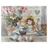 Framed Barbara Mock 1986 Print of Dolls and Flowers 17x22