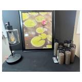 Framed Lily Pad Artwork, Modern Table Lamp, and Set of 8 LED Candles with Remote (untested)