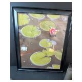 Framed Lily Pad Artwork, Modern Table Lamp, and Set of 8 LED Candles with Remote (untested)