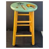 VTG Wooden Stool with Hand-Painted Birdhouse and Beehive Motif