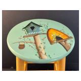 VTG Wooden Stool with Hand-Painted Birdhouse and Beehive Motif