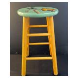 VTG Wooden Stool with Hand-Painted Birdhouse and Beehive Motif