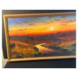 Framed Sunset Landscape Painting Signed by Mele 32x20 inches