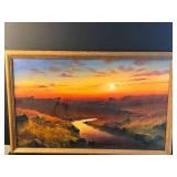 Framed Sunset Landscape Painting Signed by Mele 32x20 inches