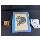 Group of Decorative Items: Framed Cat Print, Needlework Napkins, Wooden Box w Lacework