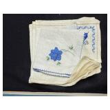 Group of Decorative Items: Framed Cat Print, Needlework Napkins, Wooden Box w Lacework