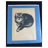 Group of Decorative Items: Framed Cat Print, Needlework Napkins, Wooden Box w Lacework