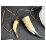 Collection of Vintage Powder Horns, Shells, Stones, and Brass Powder Flask