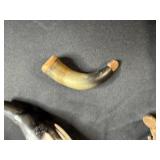 Collection of Vintage Powder Horns, Shells, Stones, and Brass Powder Flask