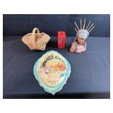 Vintage Decor Lot with Red Metal Bank, Chief Bust, Woven Basket, and Farmers Creamery Plaque