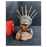 Vintage Decor Lot with Red Metal Bank, Chief Bust, Woven Basket, and Farmers Creamery Plaque