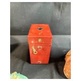 Vintage Decor Lot with Red Metal Bank, Chief Bust, Woven Basket, and Farmers Creamery Plaque