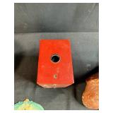 Vintage Decor Lot with Red Metal Bank, Chief Bust, Woven Basket, and Farmers Creamery Plaque