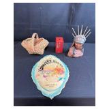 Vintage Decor Lot with Red Metal Bank, Chief Bust, Woven Basket, and Farmers Creamery Plaque