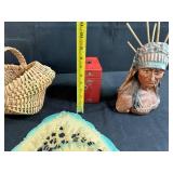 Vintage Decor Lot with Red Metal Bank, Chief Bust, Woven Basket, and Farmers Creamery Plaque
