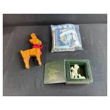 Holiday Collectibles Lot with Snowbabies Figurine, Wooden Reindeer, and Greeting Card Collection