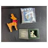 Holiday Collectibles Lot with Snowbabies Figurine, Wooden Reindeer, and Greeting Card Collection