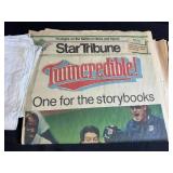 Minnesota Twins 1991 World Series Memorabilia Lot with Newspapers, Mini Pennant, and Homer Hanky