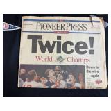 Minnesota Twins 1991 World Series Memorabilia Lot with Newspapers, Mini Pennant, and Homer Hanky