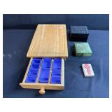 Wooden Drawer Organizer with Dividers, 2 Decorative Trinket Boxes, and Rubber Stamp