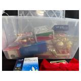 Holiday Decor Collection with LED Lights, Ornaments, and Bows in Storage Bin