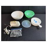 Kitchenware Collection with Ceramic Bowl, Plastic Colander, Hand Mixer, and Measuring Cups