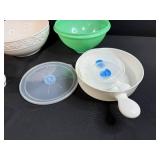 Kitchenware Collection with Ceramic Bowl, Plastic Colander, Hand Mixer, and Measuring Cups