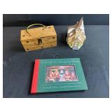 Holiday Decor and Dept 56 Collectibles Lot: Wooden Box, Sleepy Hollow Church Figurine, Christmas Display Book