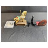 Antique Leather Bookend & Collection of Decorative Items Including Carousel Horse Figurine and Stands