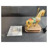 Antique Leather Bookend & Collection of Decorative Items Including Carousel Horse Figurine and Stands