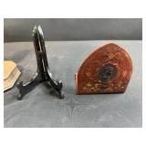 Antique Leather Bookend & Collection of Decorative Items Including Carousel Horse Figurine and Stands