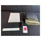 Assorted Office Supplies Including Paper Trimmer, Hanging File Folders, Ruler, and Coca-Cola Card Holder