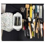 Kitchen Utensil Lot with White Toaster and Cover