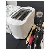 Kitchen Utensil Lot with White Toaster and Cover