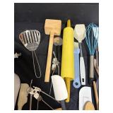 Kitchen Utensil Lot with White Toaster and Cover