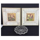 Set of 2 Framed Floral Prints and Clear Deviled Egg Tray