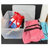 Assorted Reusable Grocery Tote Bags and Plastic Storage Bin