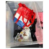 Assorted Reusable Grocery Tote Bags and Plastic Storage Bin