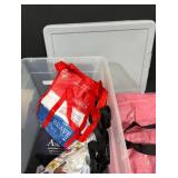Assorted Reusable Grocery Tote Bags and Plastic Storage Bin