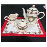 Spode Christmas Memories Teapot, Creamer, and Sugar Bowl Set w Hearts & Pines Linen