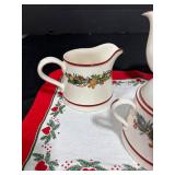 Spode Christmas Memories Teapot, Creamer, and Sugar Bowl Set w Hearts & Pines Linen