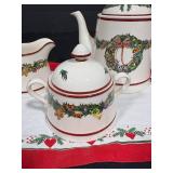 Spode Christmas Memories Teapot, Creamer, and Sugar Bowl Set w Hearts & Pines Linen