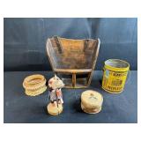 Vintage Decor Collection: Tobacco Tin, Wooden Wall Bin, Handcrafted Baskets, and Kachina Doll