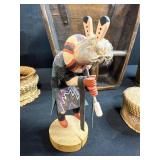 Vintage Decor Collection: Tobacco Tin, Wooden Wall Bin, Handcrafted Baskets, and Kachina Doll