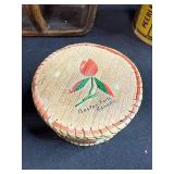 Vintage Decor Collection: Tobacco Tin, Wooden Wall Bin, Handcrafted Baskets, and Kachina Doll