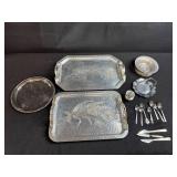 Collection of Vintage Silver-Plated Serving Trays, Bowls, and Utensils