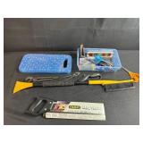 Assorted Hand Tool Lot with Saw, Ice Scraper, Pliers, Scissors, and Tool Box