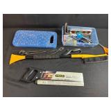 Assorted Hand Tool Lot with Saw, Ice Scraper, Pliers, Scissors, and Tool Box