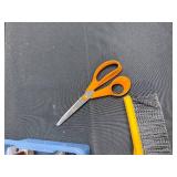 Assorted Hand Tool Lot with Saw, Ice Scraper, Pliers, Scissors, and Tool Box