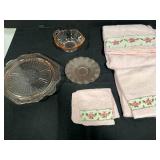 Collection of Vintage Pink Embroidered Towels and Depression Glass Dishes